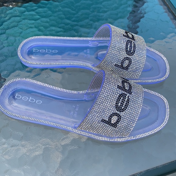 NWOT Bebe bling silver logo clear slide sandals. - Picture 3 of 10